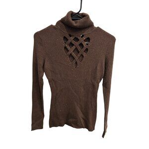 Cache Embellished Turtleneck Pullover Sweater Brown Sz Medium Cutout Ribbed Knit